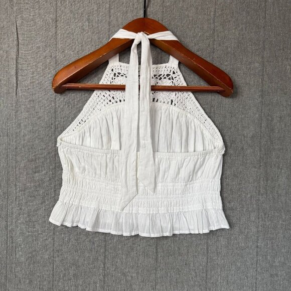 Lucky Brand White Cotton Crochet Collar Halter Neck Shirred Waist Peplum Top - Picture 7 of 13